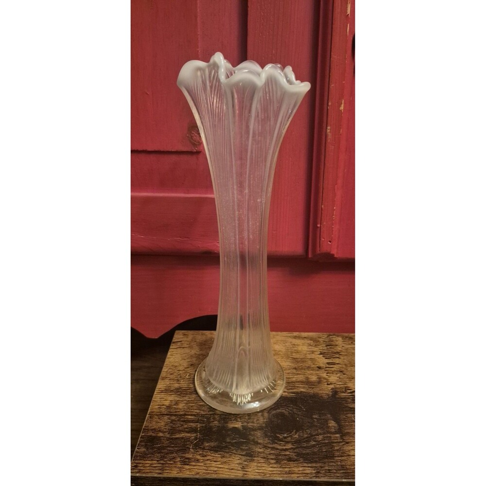 Vintage Fenton White Opalescent Fine Rib Swung Vase Ruffled Rim Pre 1970 11.25"